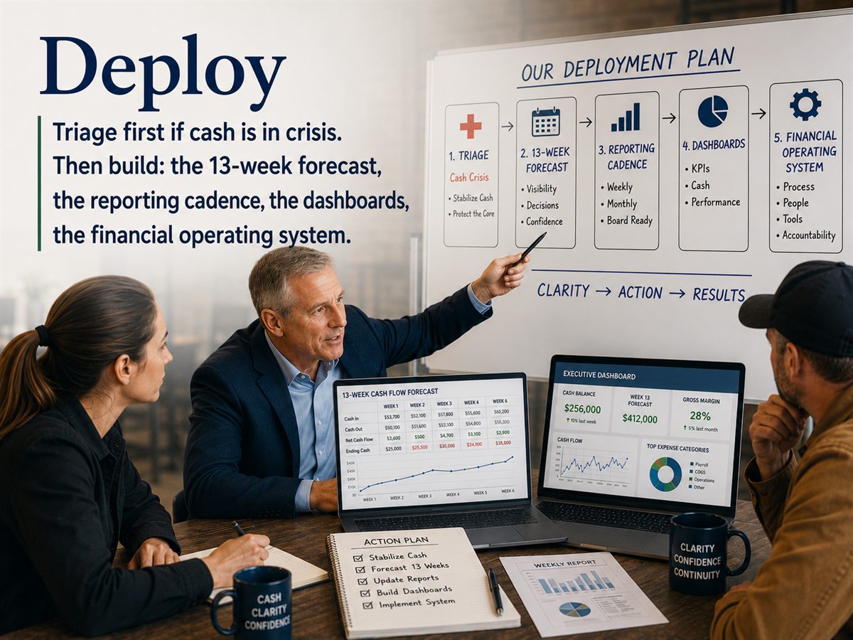 Deploy: triage first if cash is in crisis. Then build the 13-week forecast, the reporting cadence, the dashboards, the financial operating system.