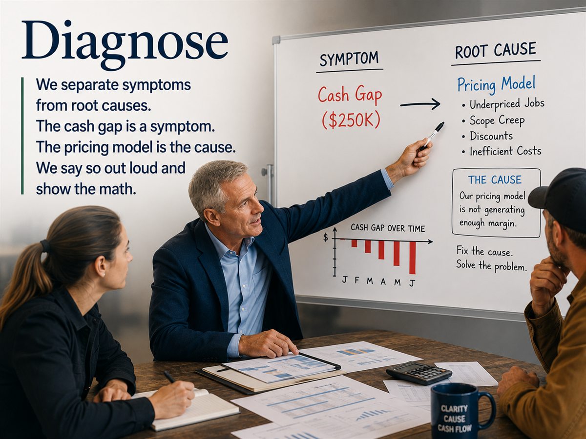 Diagnose: we separate symptoms from root causes. The cash gap is a symptom. The pricing model is the cause. We say so out loud and show the math.