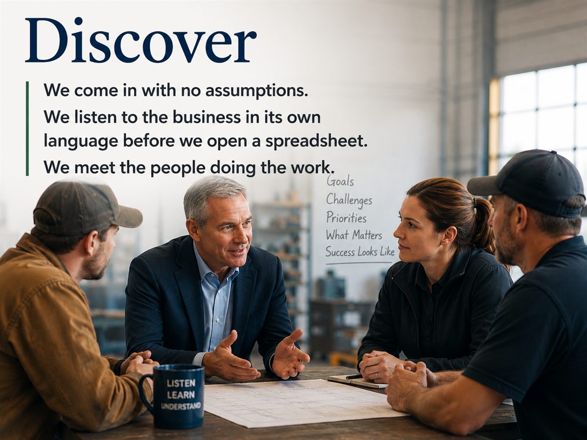 Discover: we come in with no assumptions. We listen to the business in its own language before we open a spreadsheet. We meet the people doing the work.