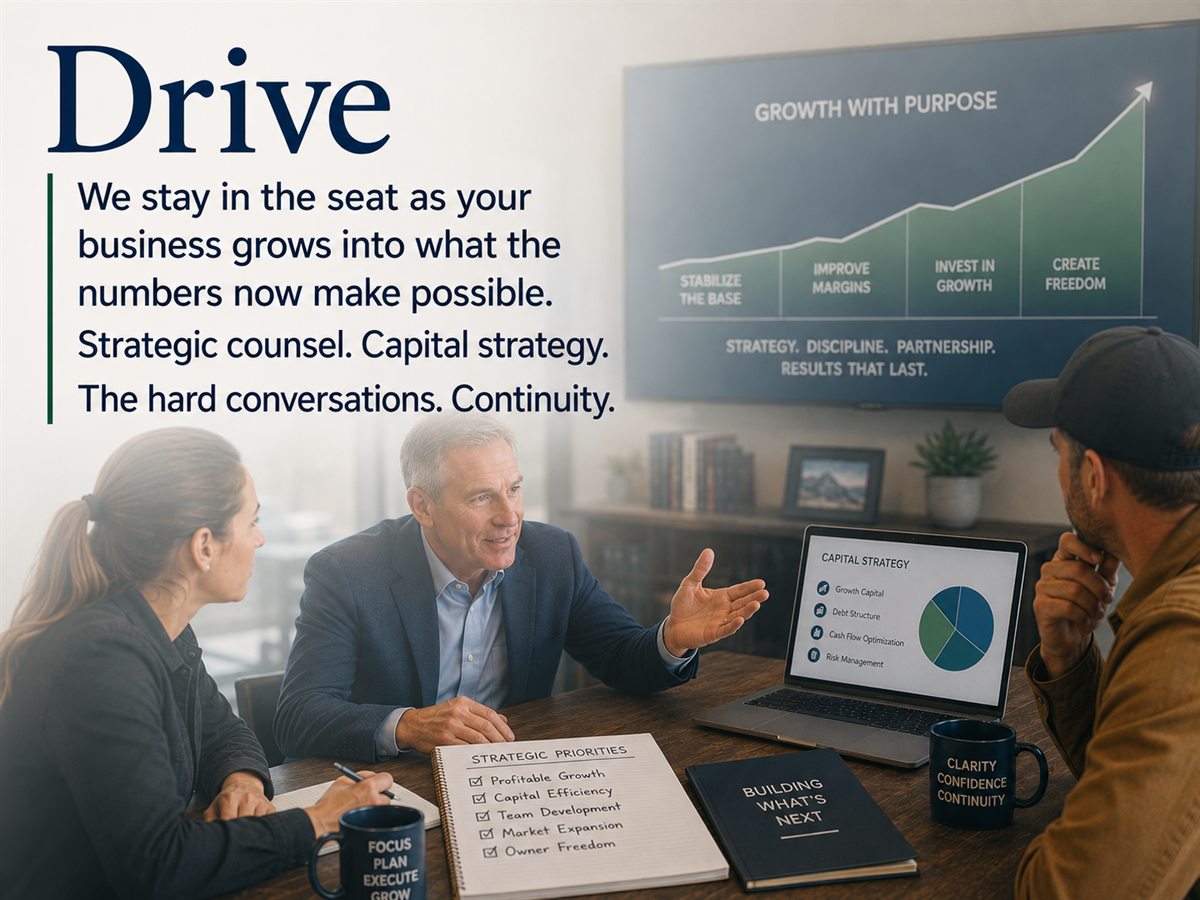 Drive: we stay in the seat as the business grows into what the numbers now make possible. Strategic counsel, capital strategy, the hard conversations, continuity.