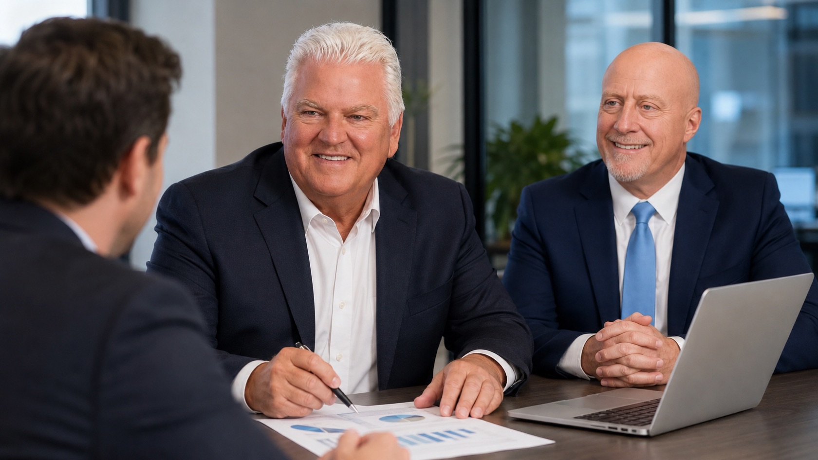 Two senior C-Suite Support advisors reviewing financial charts with a client at a boardroom table