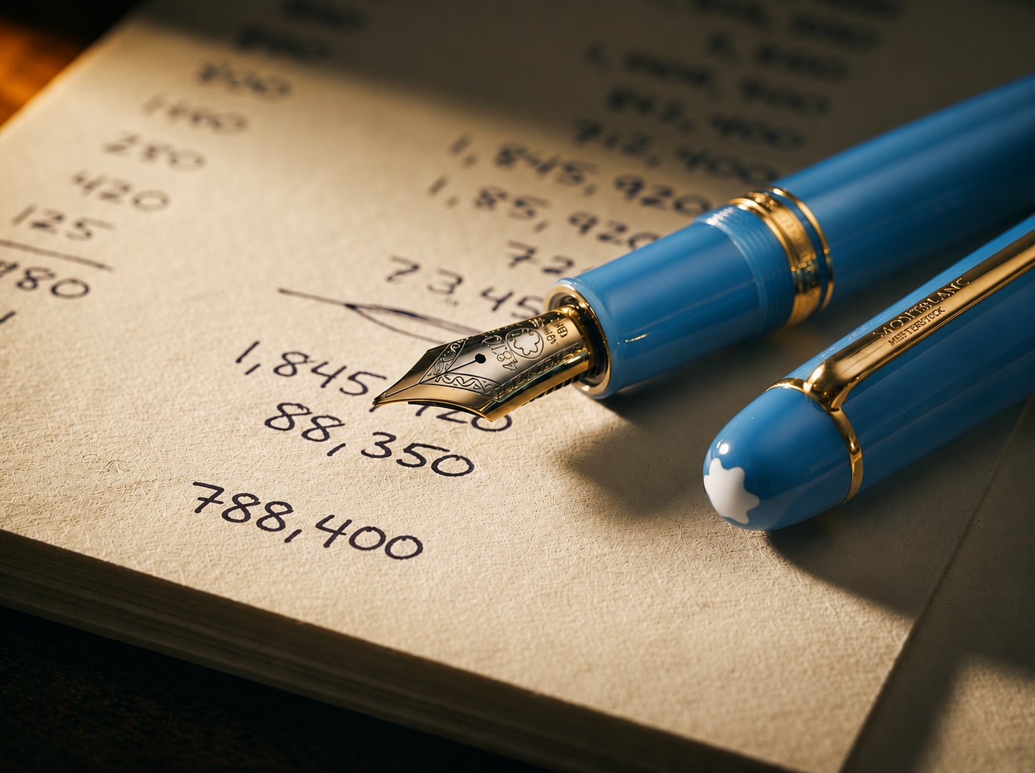A fountain pen resting on a hand-written ledger of figures.